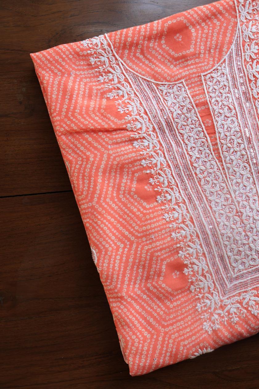 Peach Muslin Chikankari Kurta Fabric