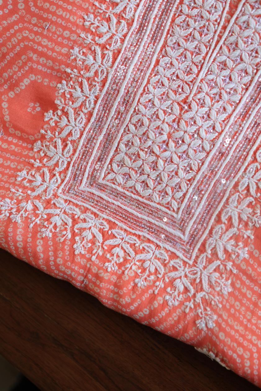 Peach Muslin Chikankari Kurta Fabric