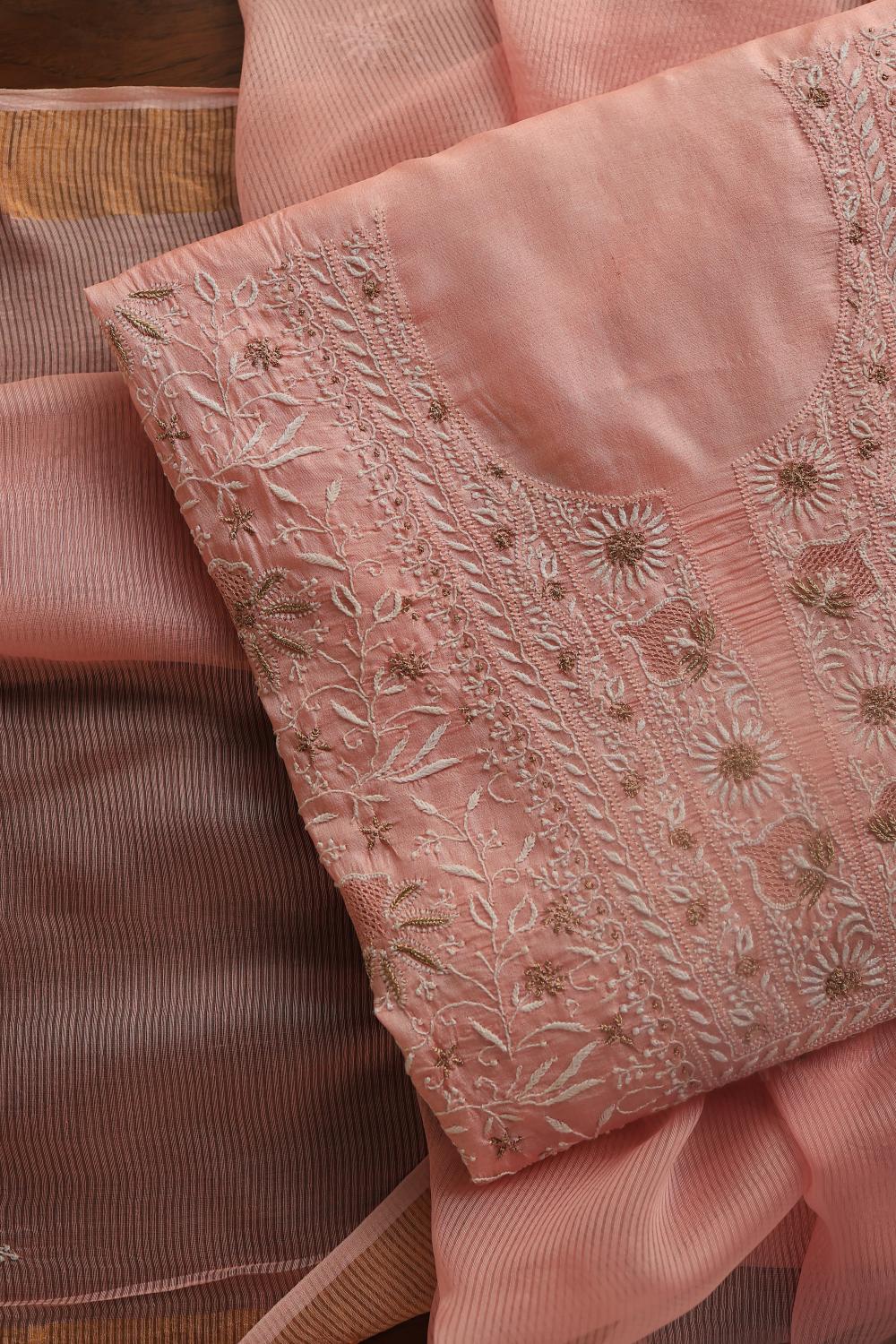 Peach Paper Tussar Resham Chikankari Unstitched Kurta Dupatta Set
