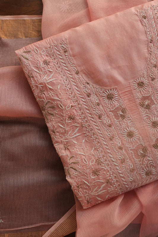 Peach Paper Tussar Resham Chikankari Unstitched Kurta Dupatta Set
