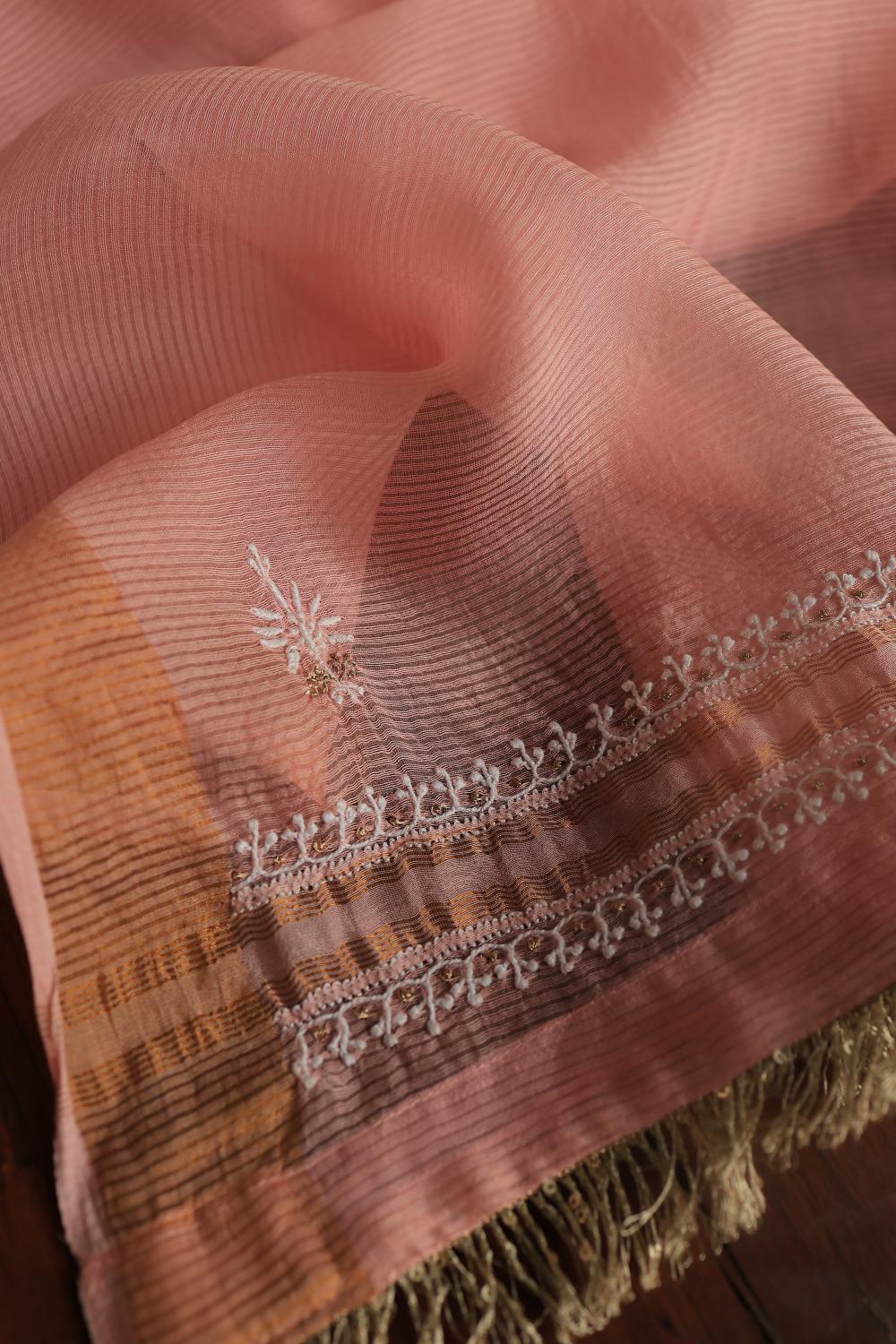 Peach Paper Tussar Resham Chikankari Unstitched Kurta Dupatta Set