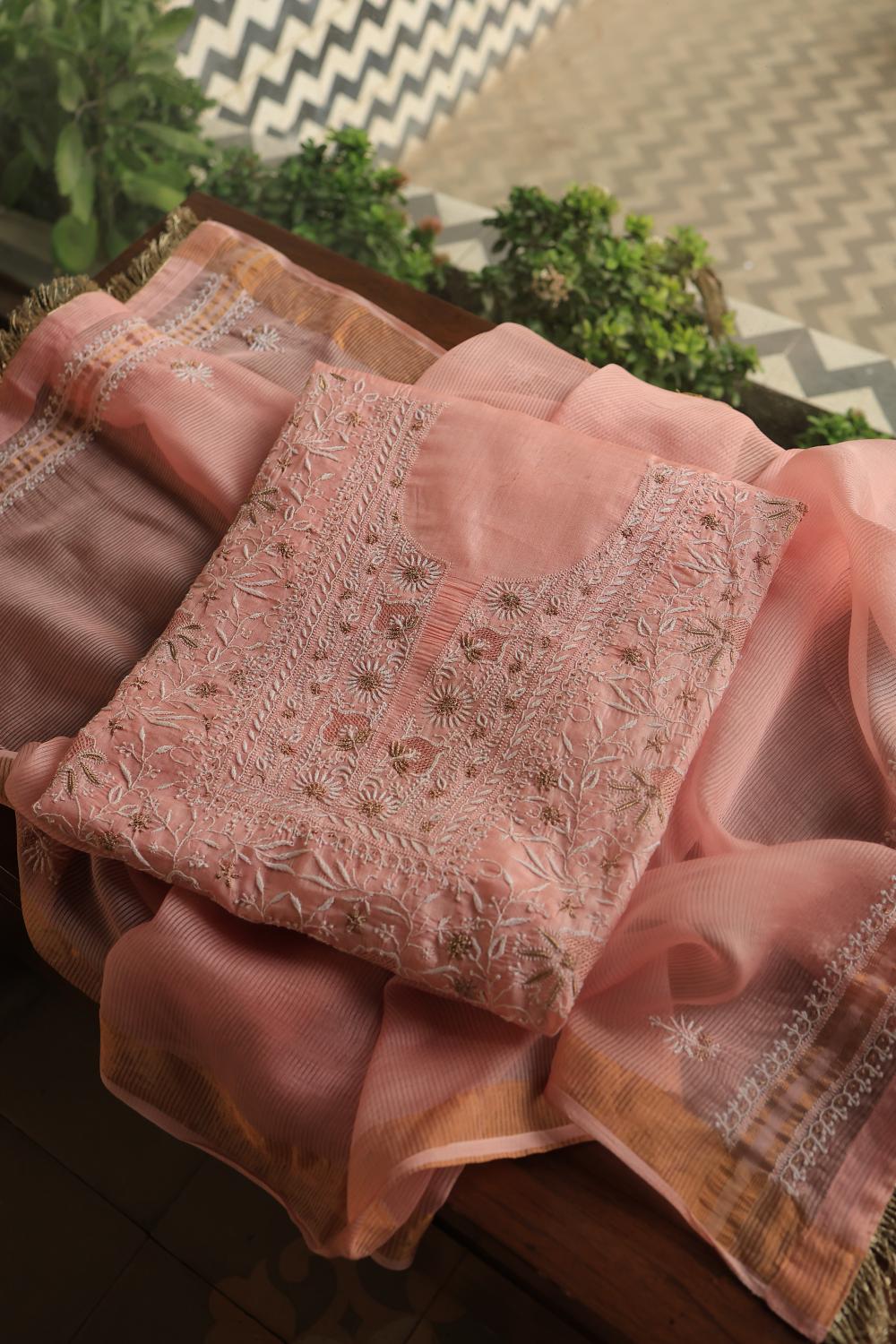 Peach Paper Tussar Resham Chikankari Unstitched Kurta Dupatta Set