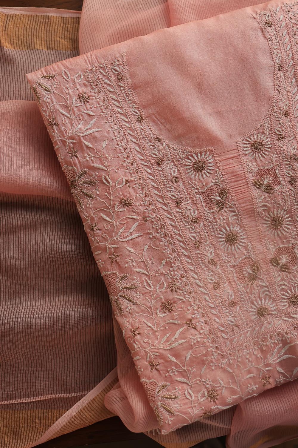 Peach Paper Tussar Resham Chikankari Unstitched Kurta Dupatta Set