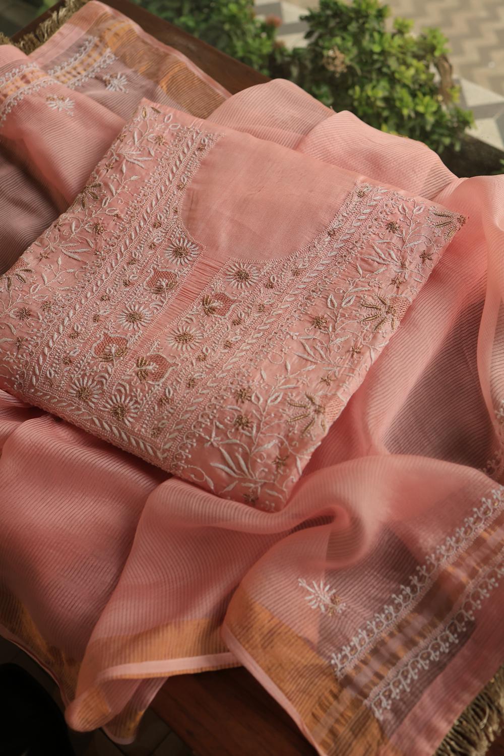 Peach Paper Tussar Resham Chikankari Unstitched Kurta Dupatta Set