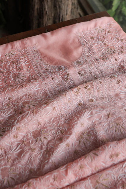 Peach Paper Tussar Resham Chikankari Unstitched Kurta Dupatta Set