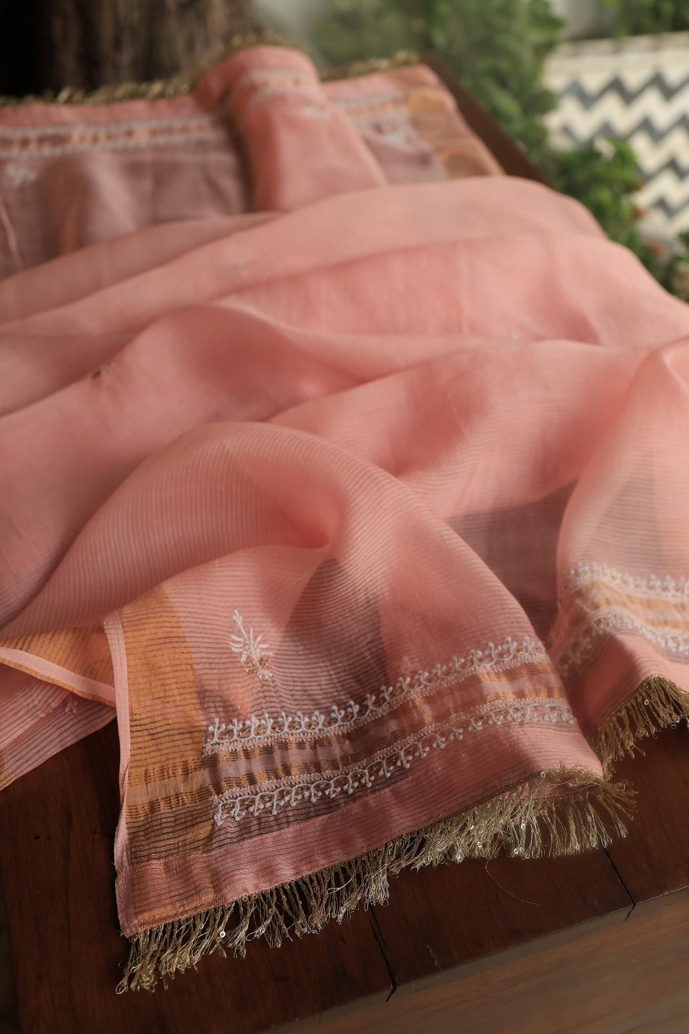Peach Paper Tussar Resham Chikankari Unstitched Kurta Dupatta Set