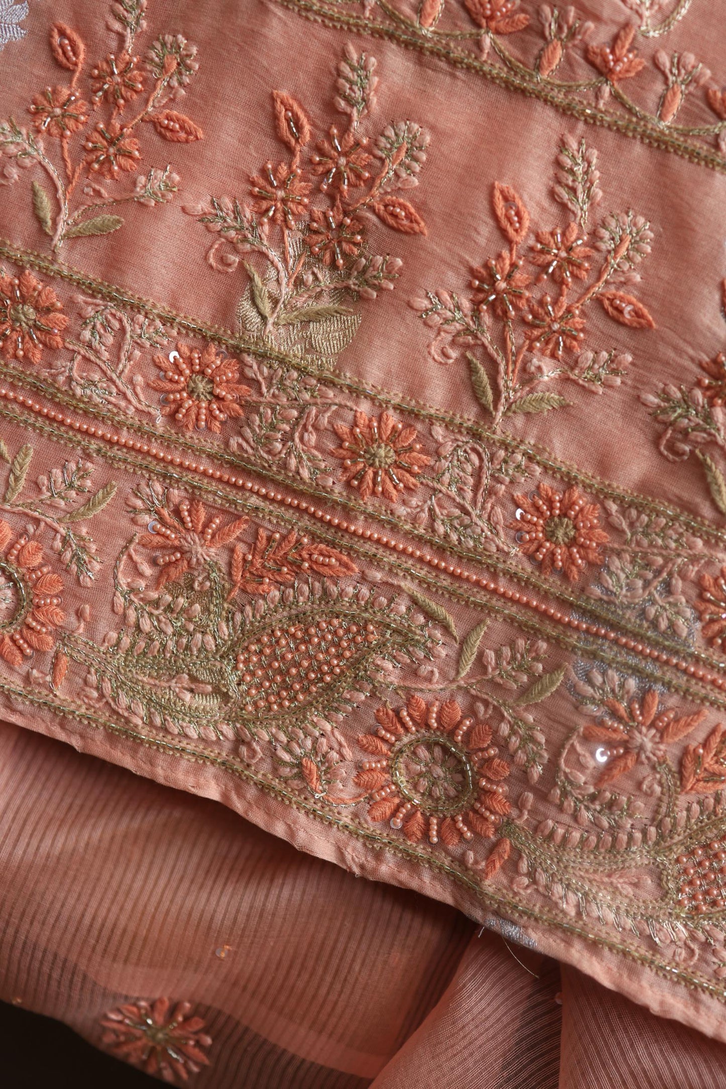 Peach Banarasi Zari Chanderi Unstitched Chikankari Fabric