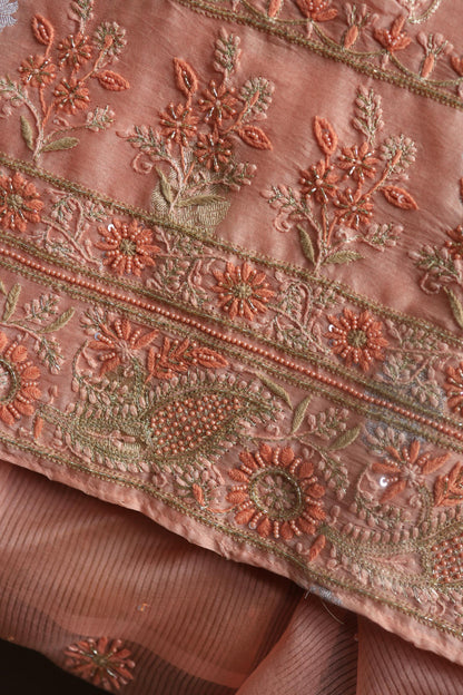 Peach Banarasi Zari Chanderi Unstitched Chikankari Fabric