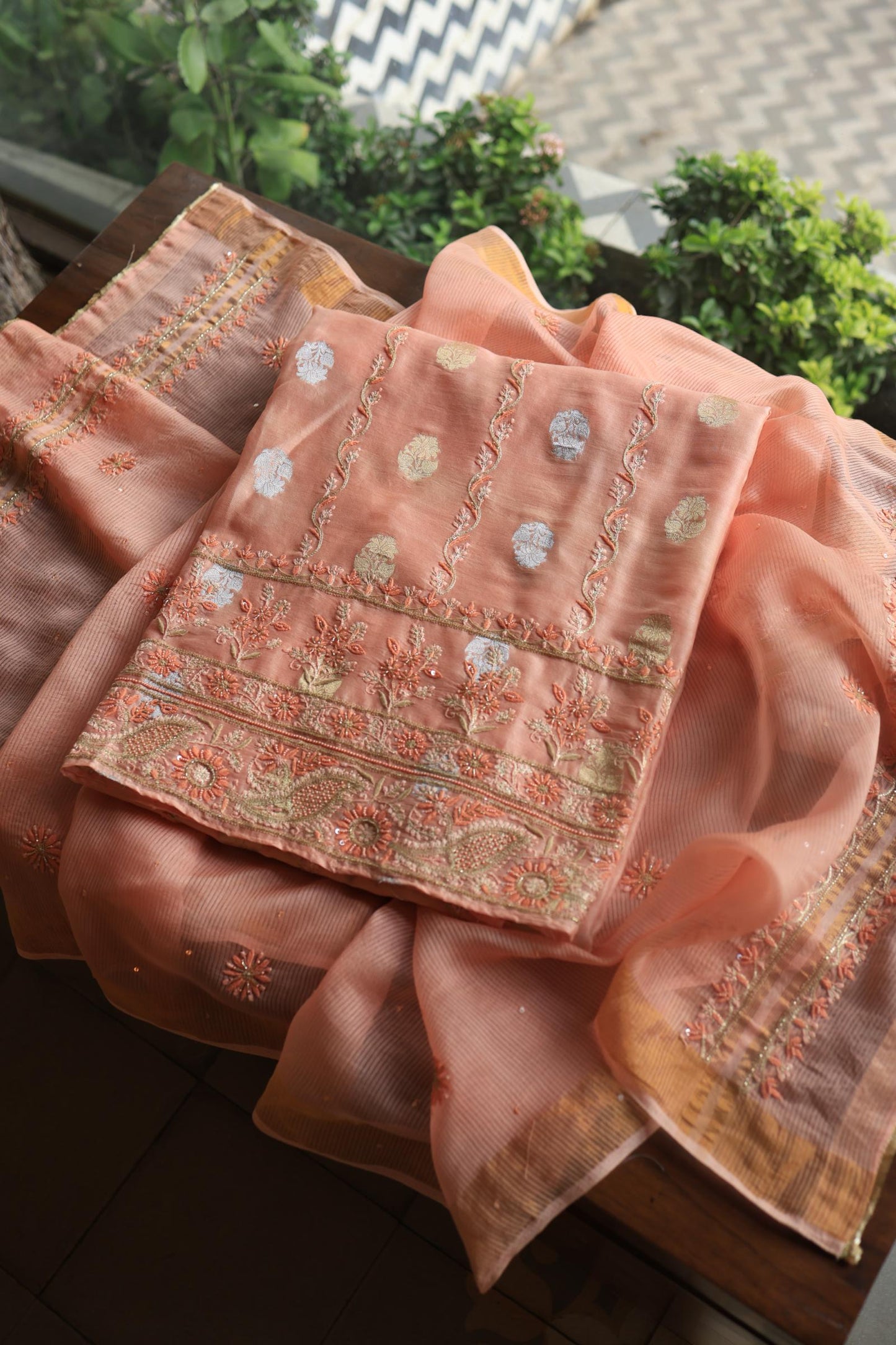 Peach Banarasi Zari Chanderi Unstitched Chikankari Fabric