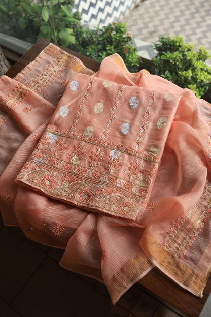 Peach Banarasi Zari Chanderi Unstitched Chikankari Fabric