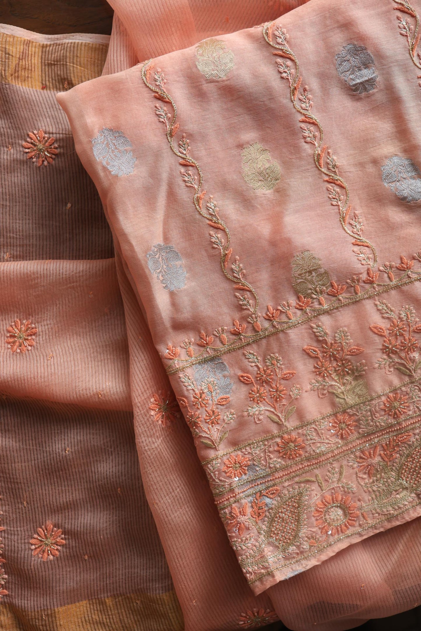 Peach Banarasi Zari Chanderi Unstitched Chikankari Fabric