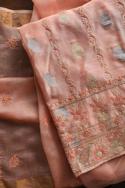 Peach Banarasi Zari Chanderi Unstitched Chikankari Fabric