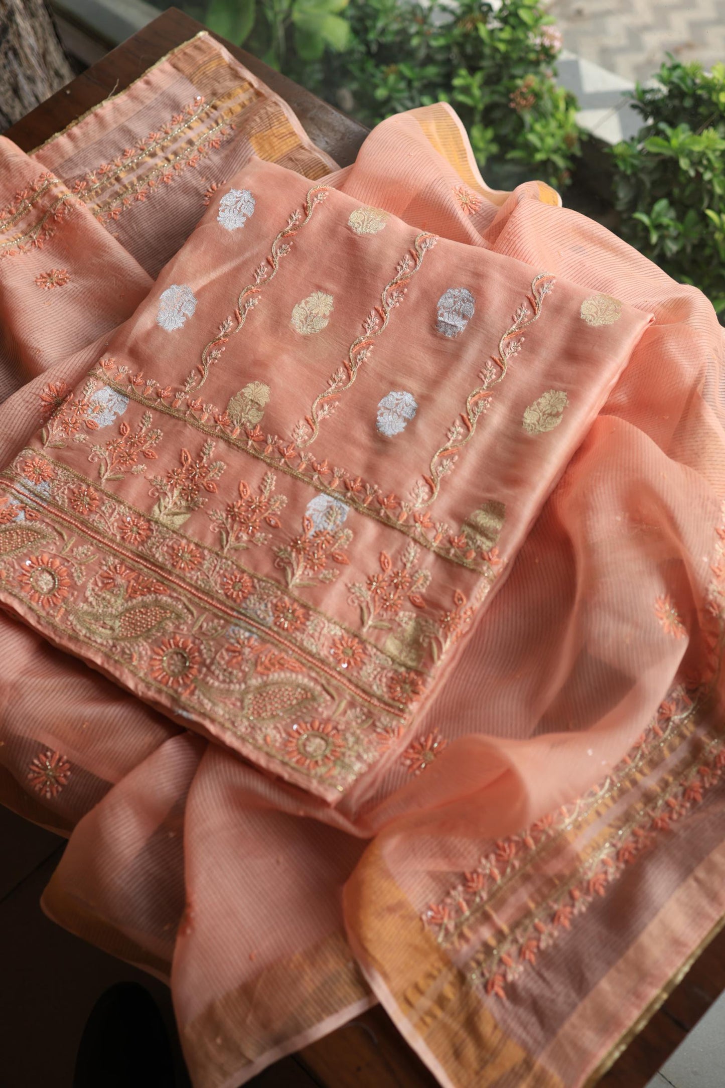 Peach Banarasi Zari Chanderi Unstitched Chikankari Fabric