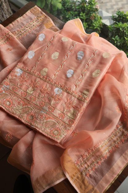 Peach Banarasi Zari Chanderi Unstitched Chikankari Fabric