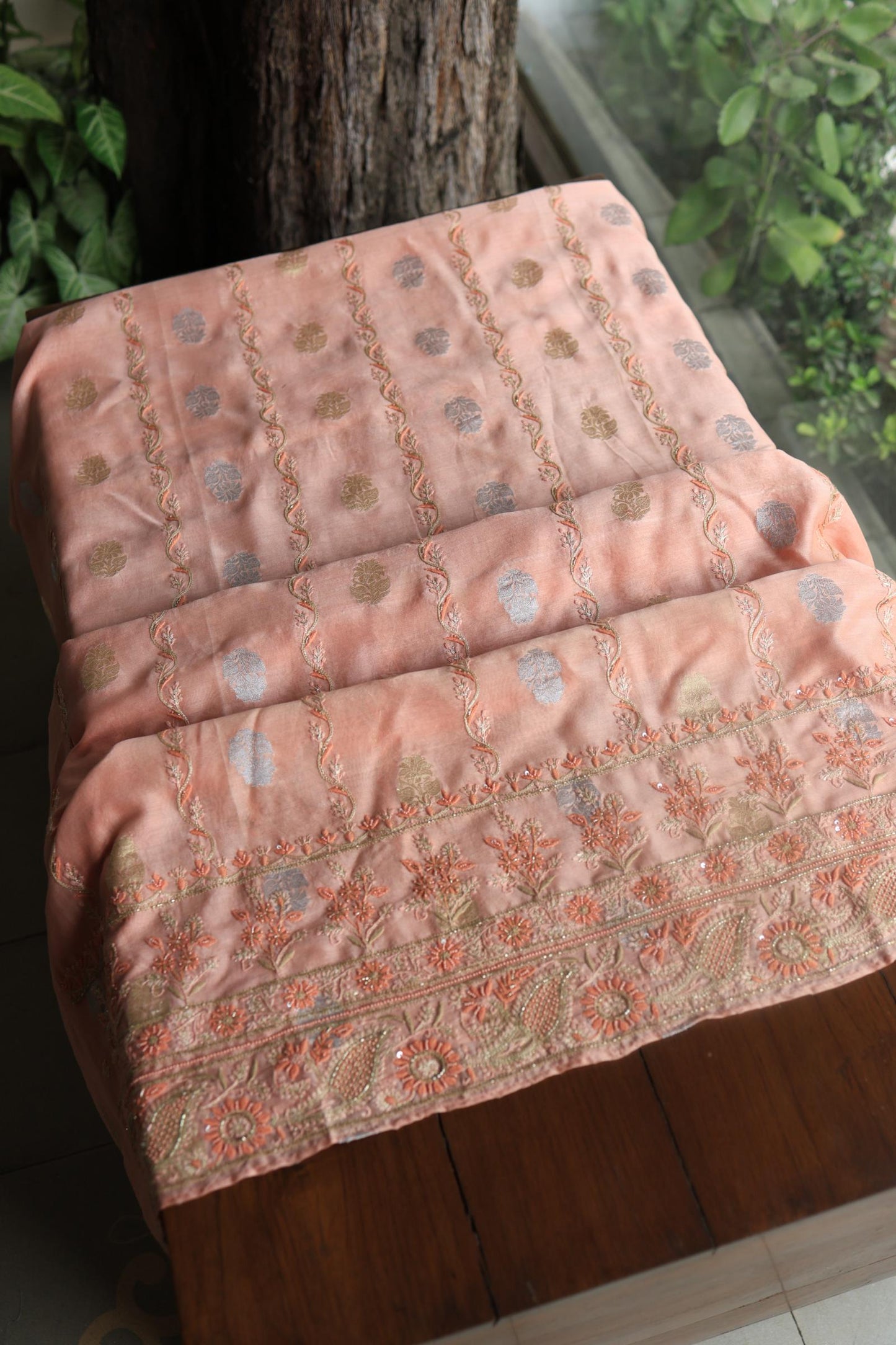 Peach Banarasi Zari Chanderi Unstitched Chikankari Fabric