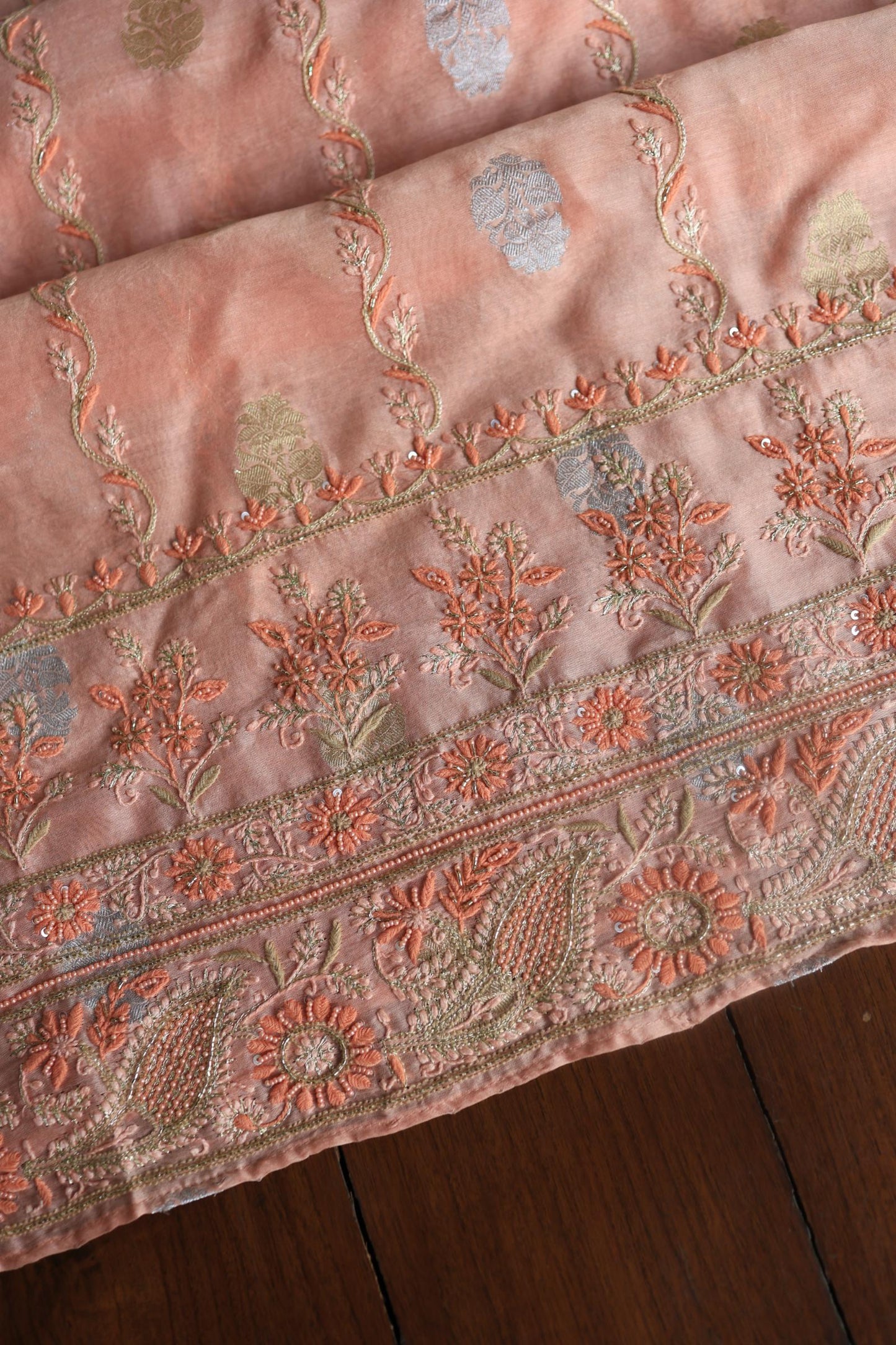 Peach Banarasi Zari Chanderi Unstitched Chikankari Fabric