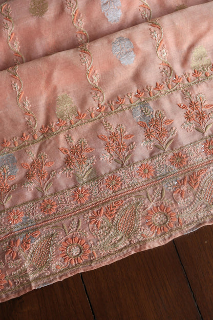 Peach Banarasi Zari Chanderi Unstitched Chikankari Fabric