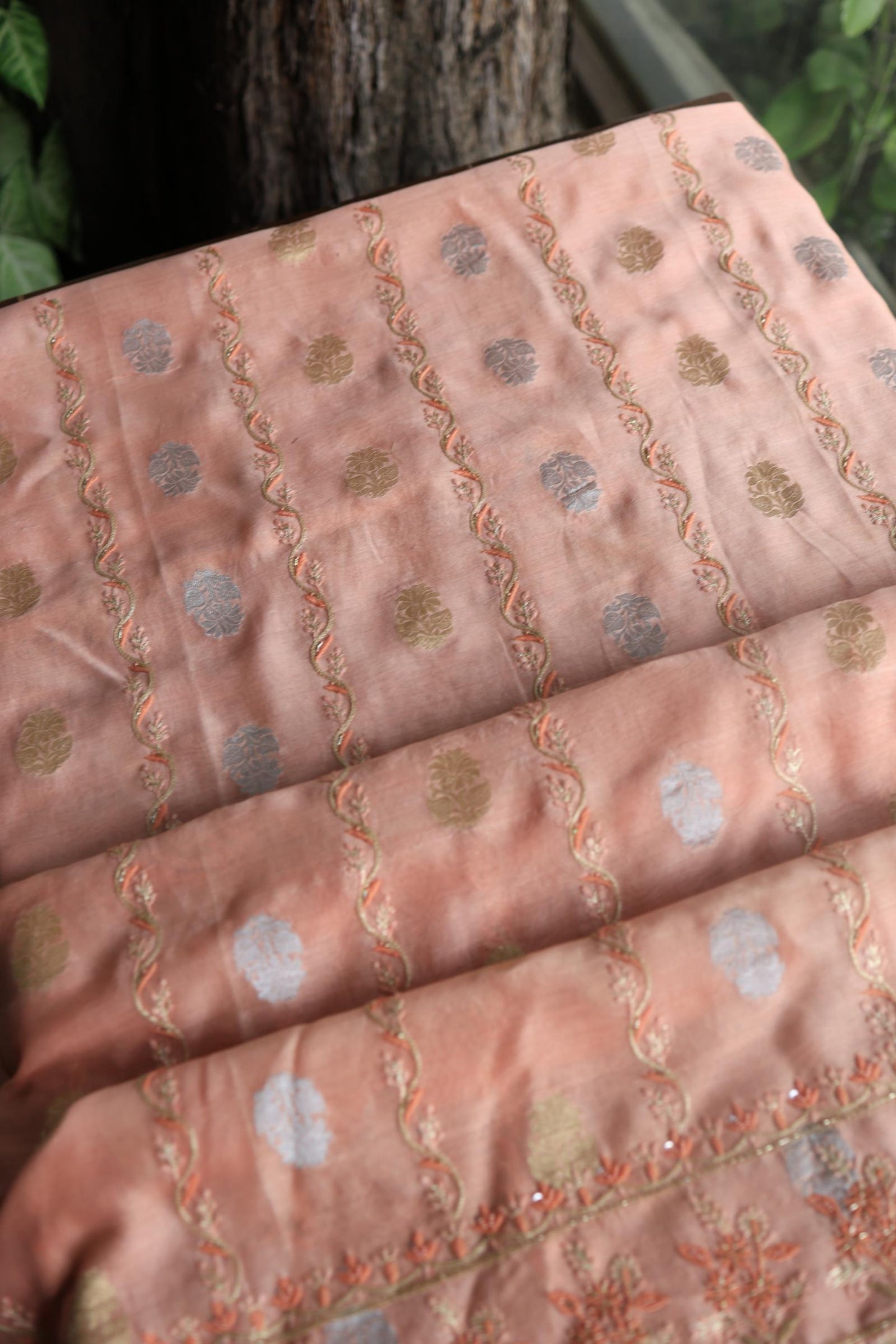 Peach Banarasi Zari Chanderi Unstitched Chikankari Fabric