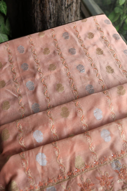 Peach Banarasi Zari Chanderi Unstitched Chikankari Fabric