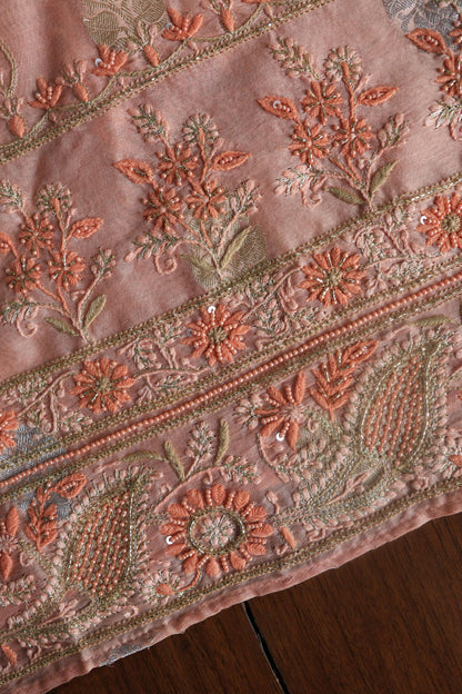 Peach Banarasi Zari Chanderi Unstitched Chikankari Fabric