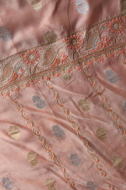 Peach Banarasi Zari Chanderi Unstitched Chikankari Fabric