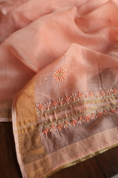 Peach Banarasi Zari Chanderi Unstitched Chikankari Fabric