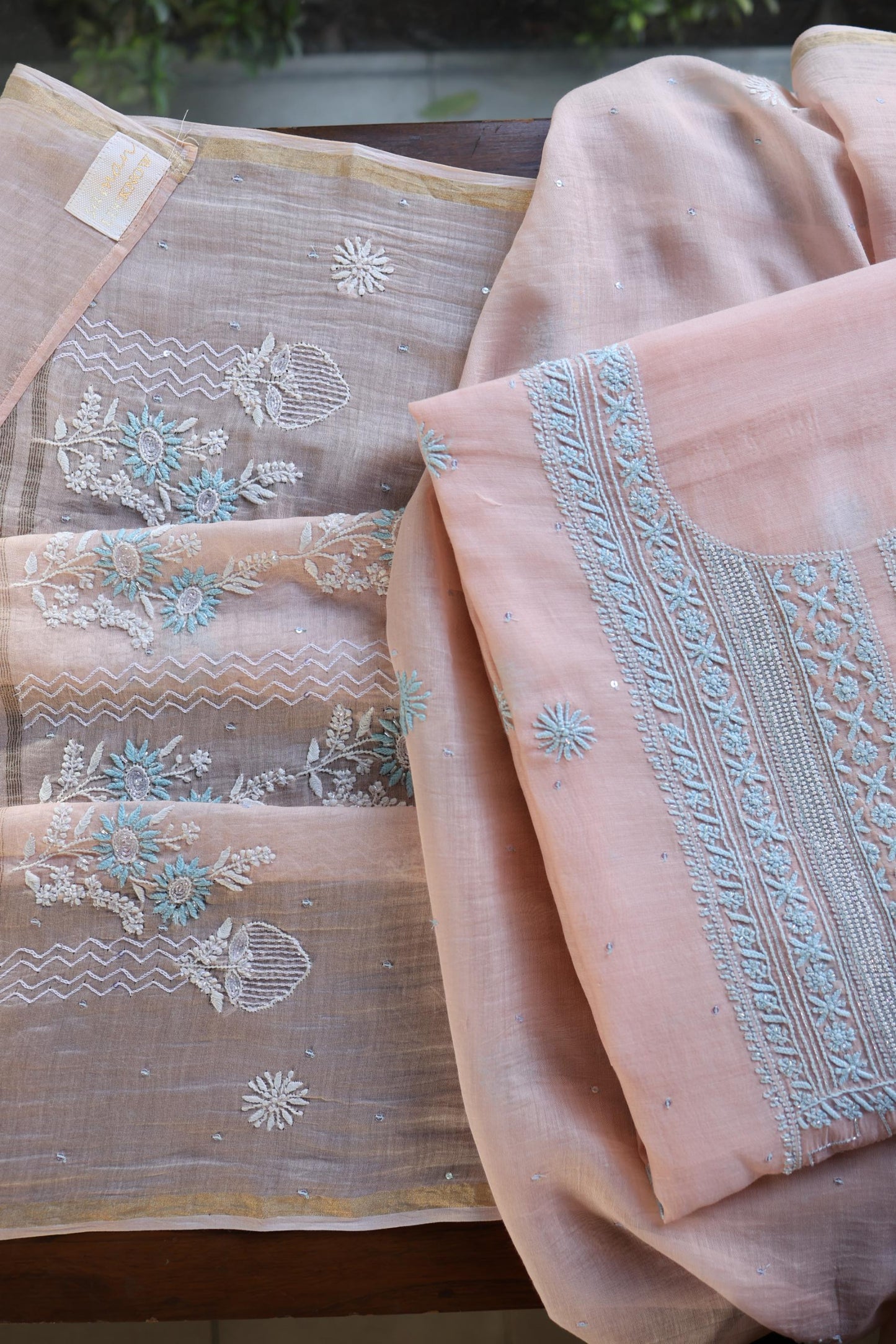Peach Blue Shade Malmal Pearl Work Chikankari Fabric