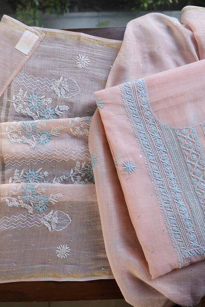Peach Blue Shade Malmal Pearl Work Chikankari Fabric