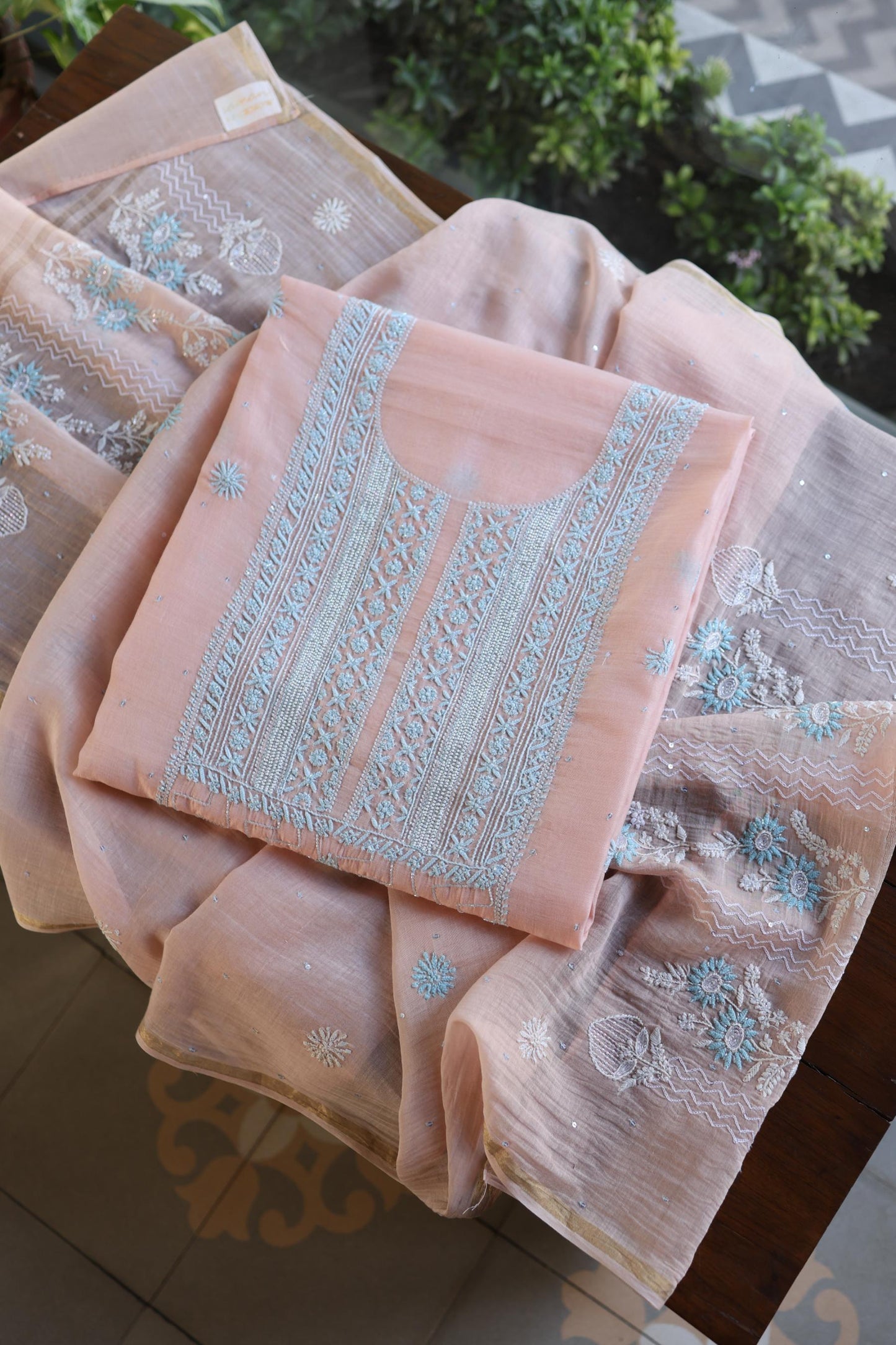 Peach Blue Shade Malmal Pearl Work Chikankari Fabric
