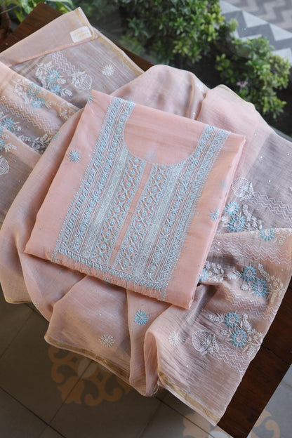 Peach Blue Shade Malmal Pearl Work Chikankari Fabric