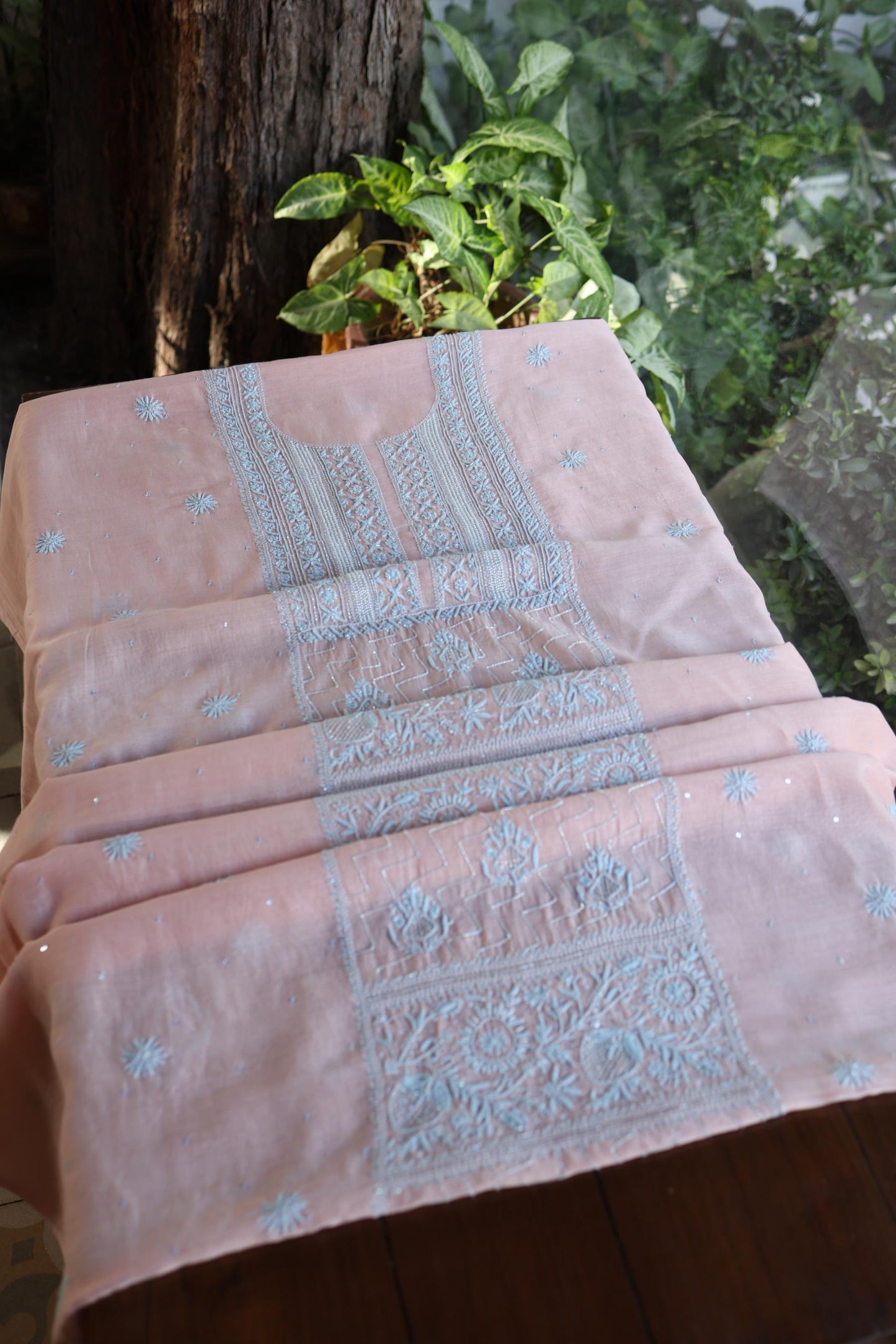Peach Blue Shade Malmal Pearl Work Chikankari Fabric