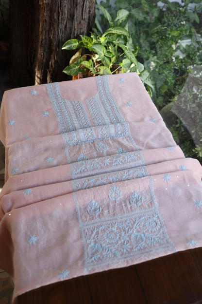 Peach Blue Shade Malmal Pearl Work Chikankari Fabric