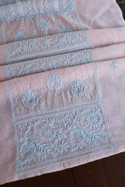 Peach Blue Shade Malmal Pearl Work Chikankari Fabric