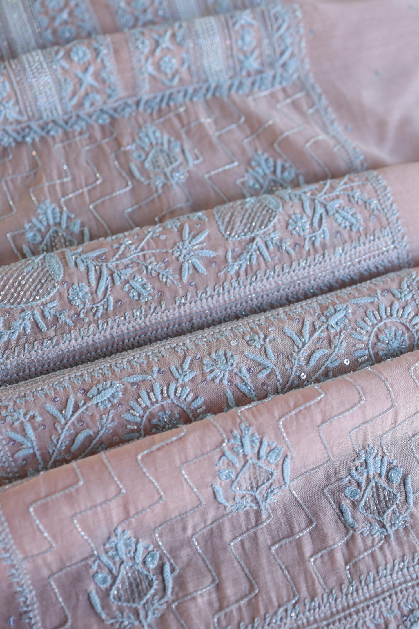 Peach Blue Shade Malmal Pearl Work Chikankari Fabric
