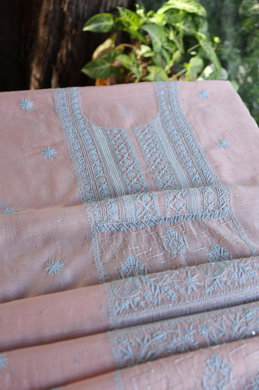 Peach Blue Shade Malmal Pearl Work Chikankari Fabric