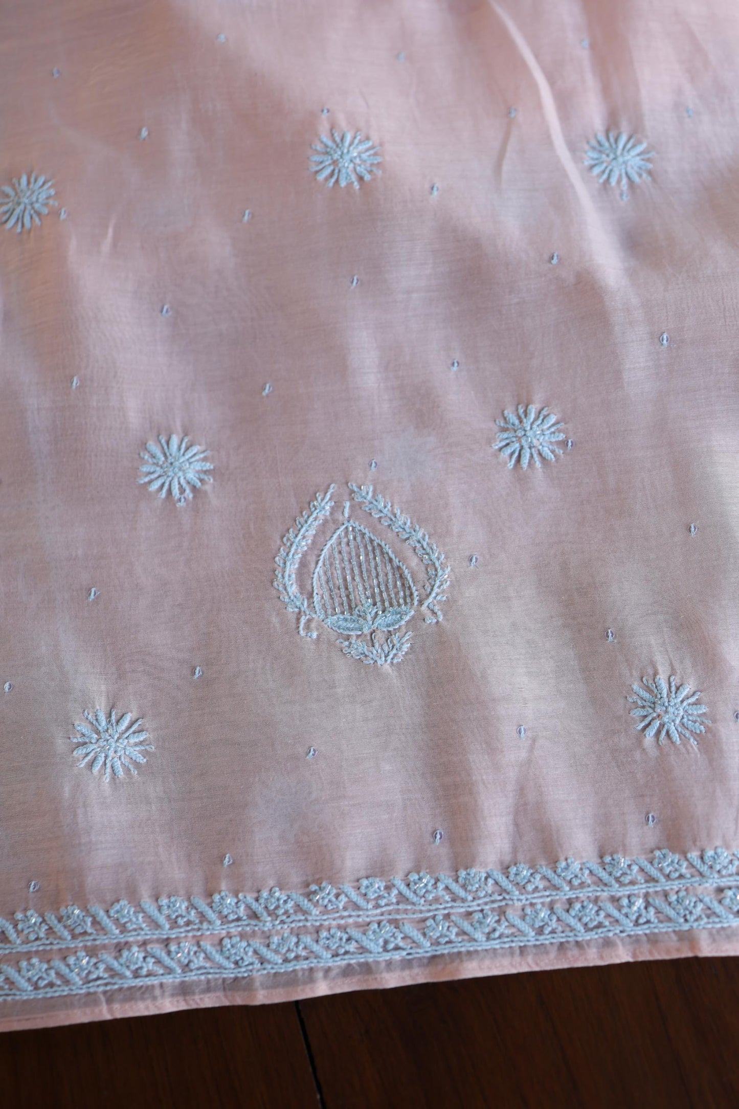 Peach Blue Shade Malmal Pearl Work Chikankari Fabric