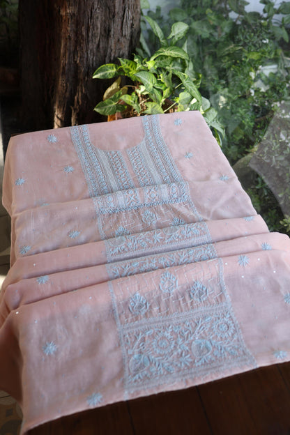 Peach Blue Shade Malmal Pearl Work Chikankari Fabric