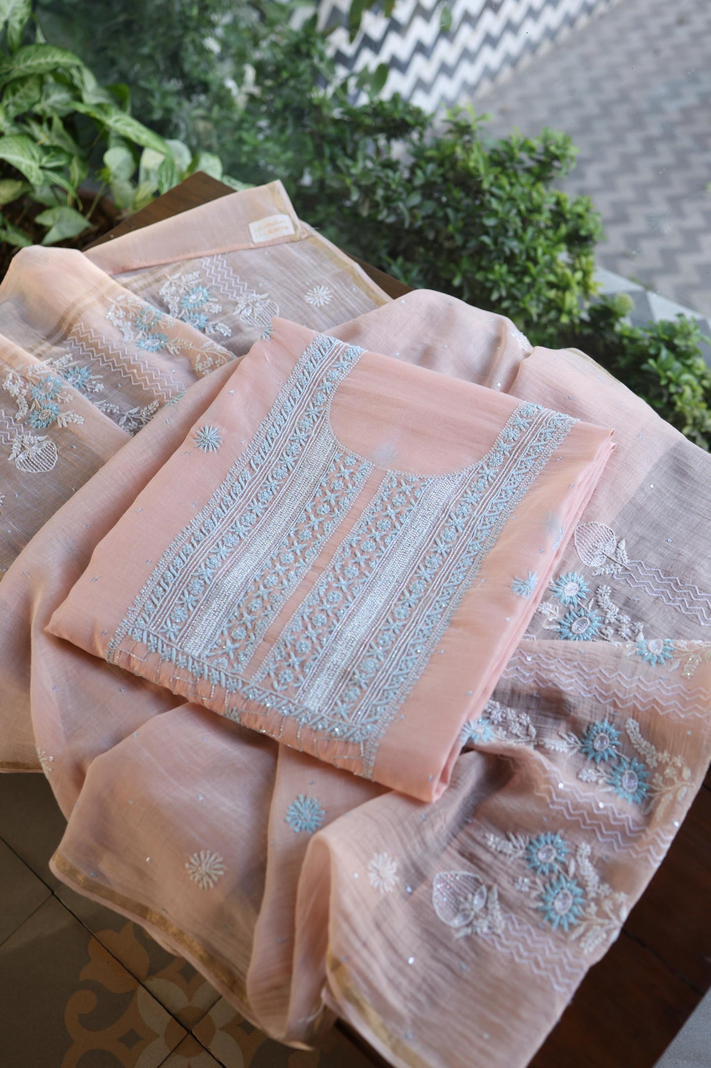 Peach Blue Shade Malmal Pearl Work Chikankari Fabric