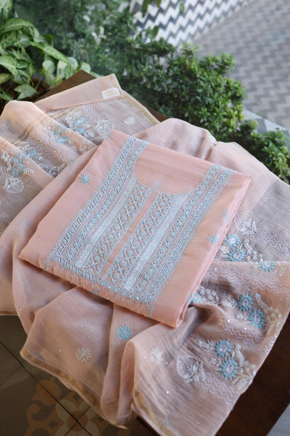 Peach Blue Shade Malmal Pearl Work Chikankari Fabric