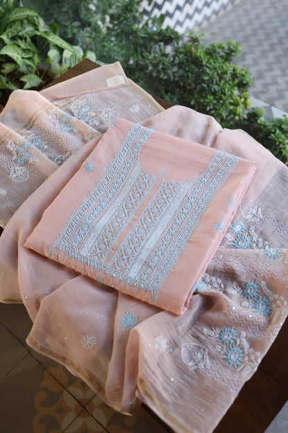 Peach Blue Shade Malmal Pearl Work Chikankari Fabric