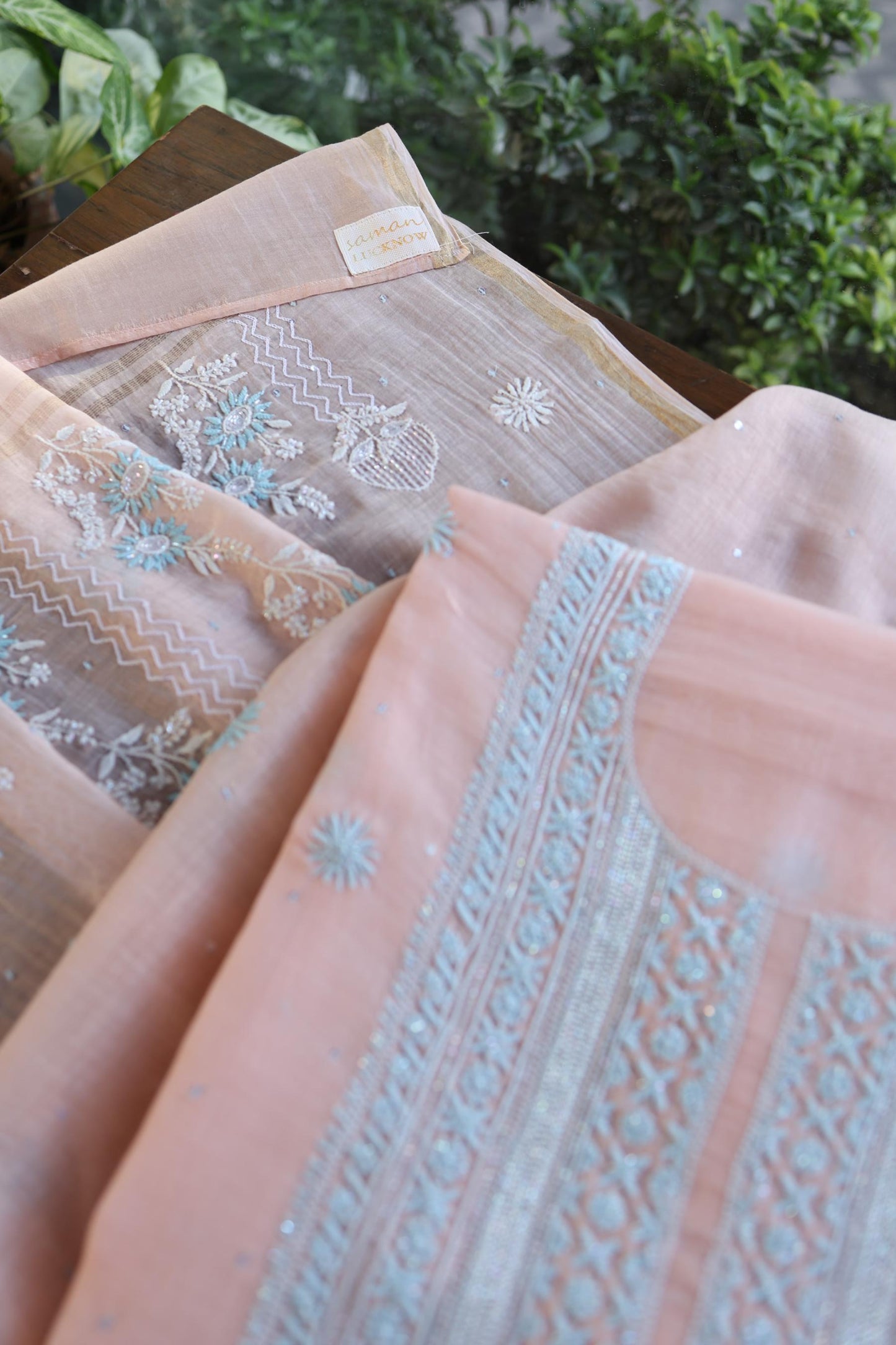 Peach Blue Shade Malmal Pearl Work Chikankari Fabric