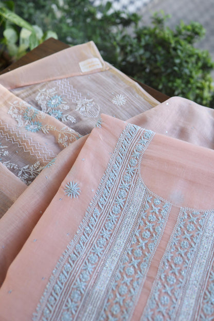 Peach Blue Shade Malmal Pearl Work Chikankari Fabric