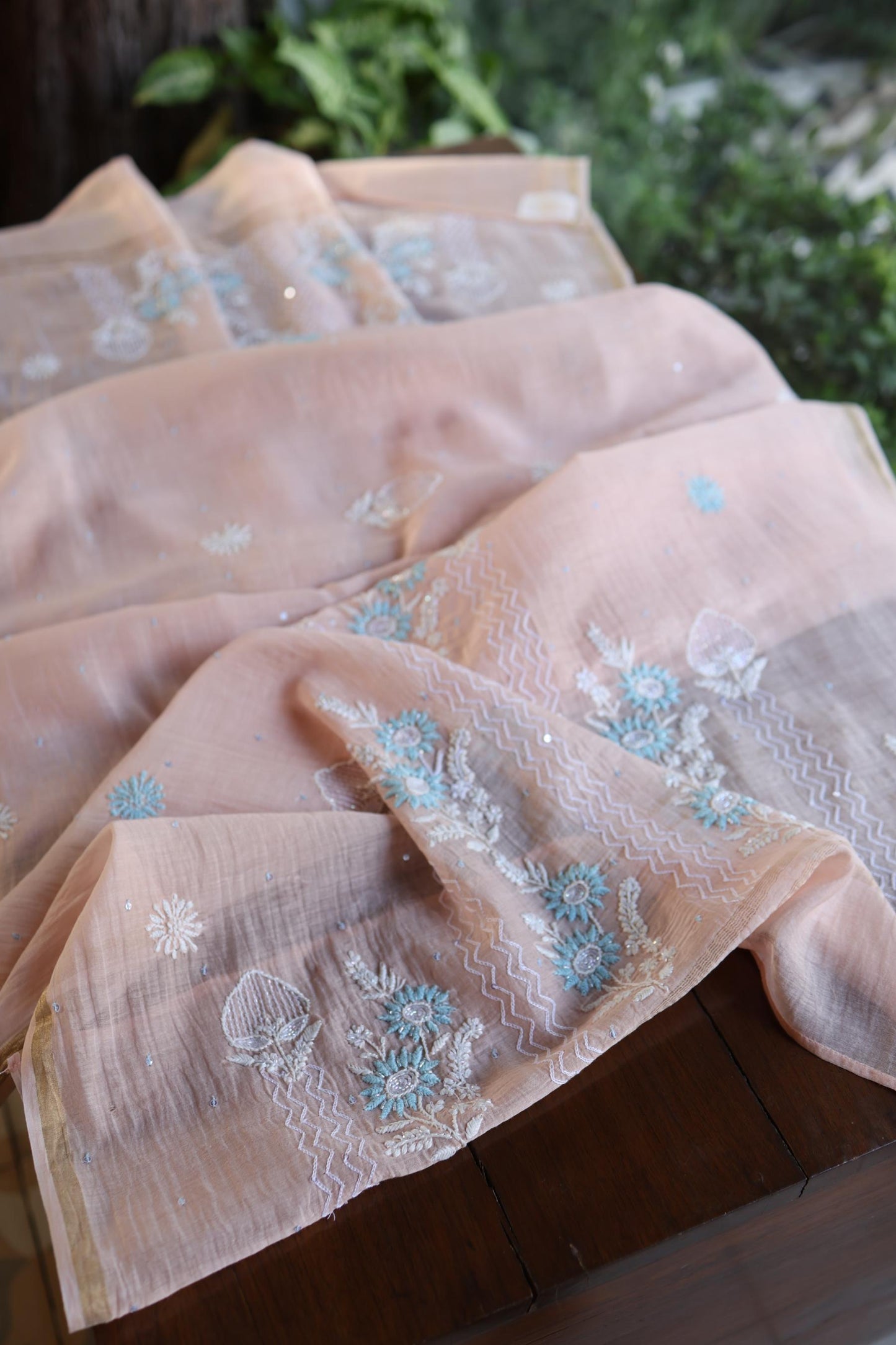 Peach Blue Shade Malmal Pearl Work Chikankari Fabric