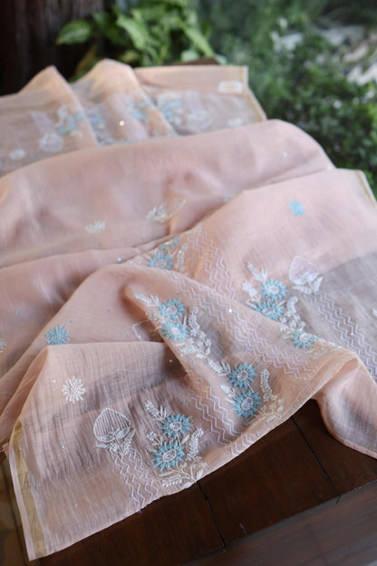 Peach Blue Shade Malmal Pearl Work Chikankari Fabric