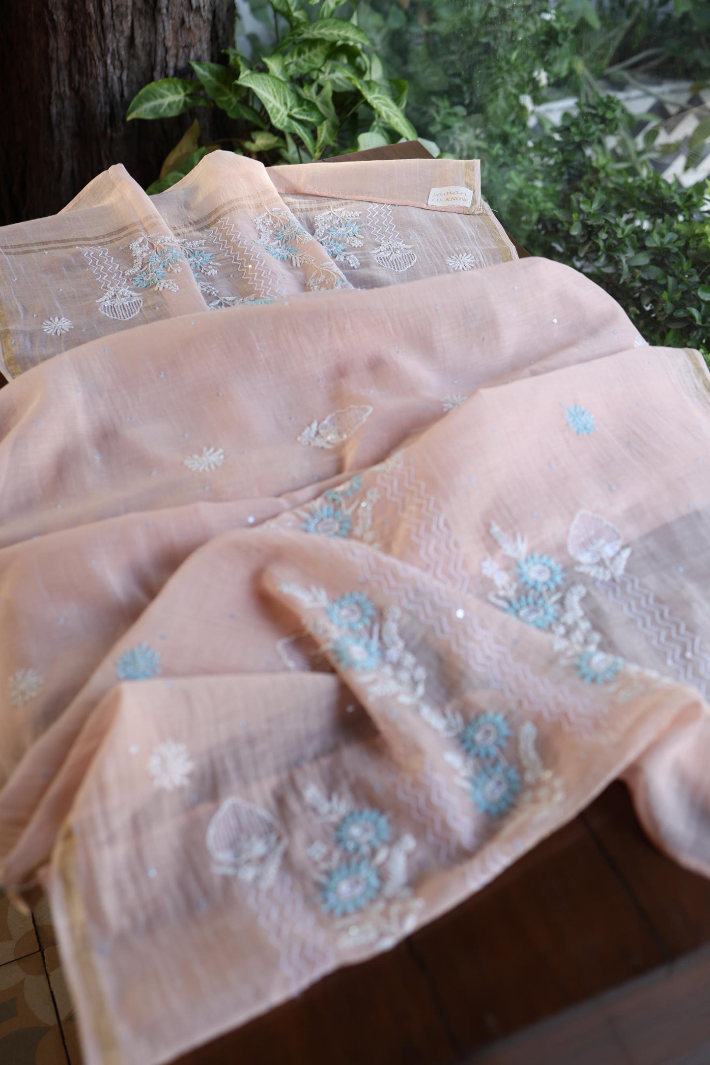 Peach Blue Shade Malmal Pearl Work Chikankari Fabric