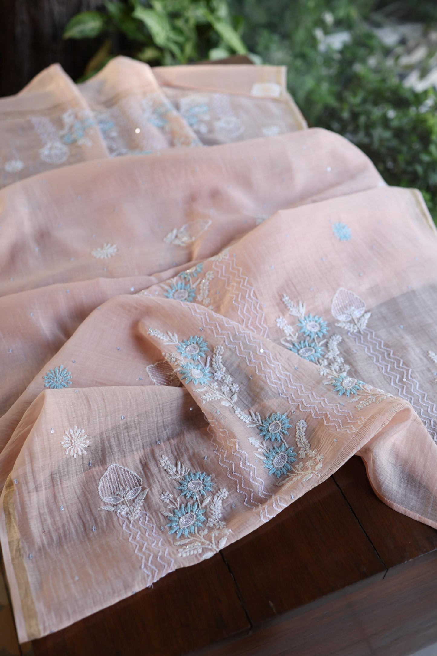 Peach Blue Shade Malmal Pearl Work Chikankari Fabric