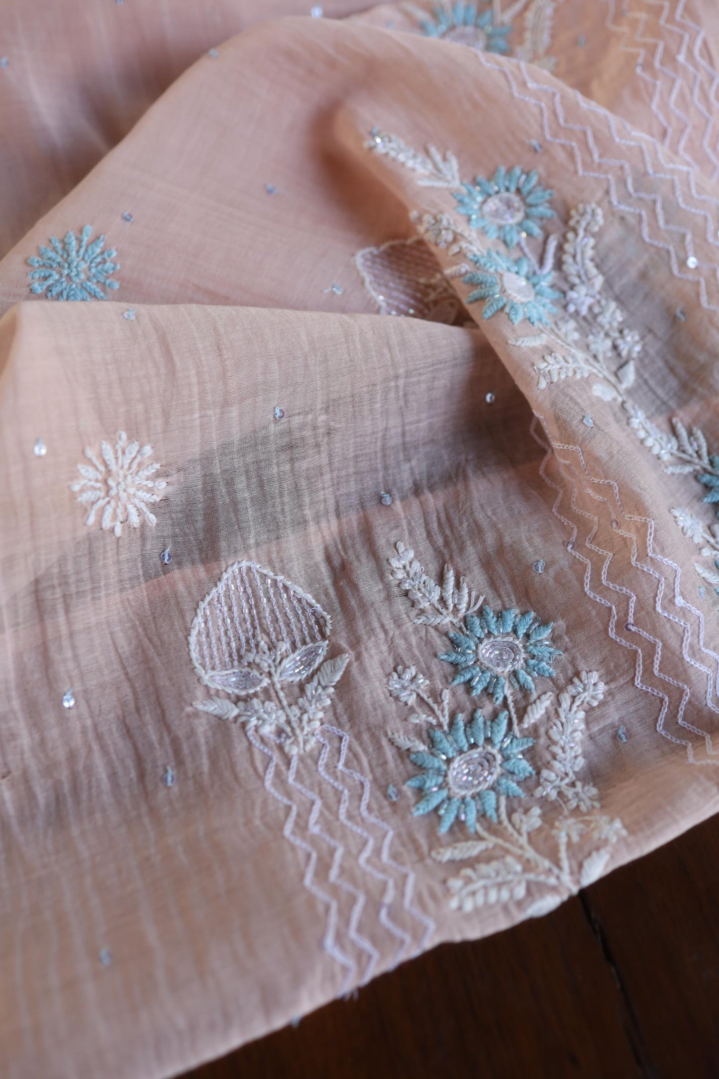 Peach Blue Shade Malmal Pearl Work Chikankari Fabric