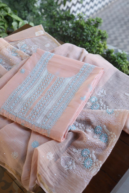 Peach Blue Shade Malmal Pearl Work Chikankari Fabric