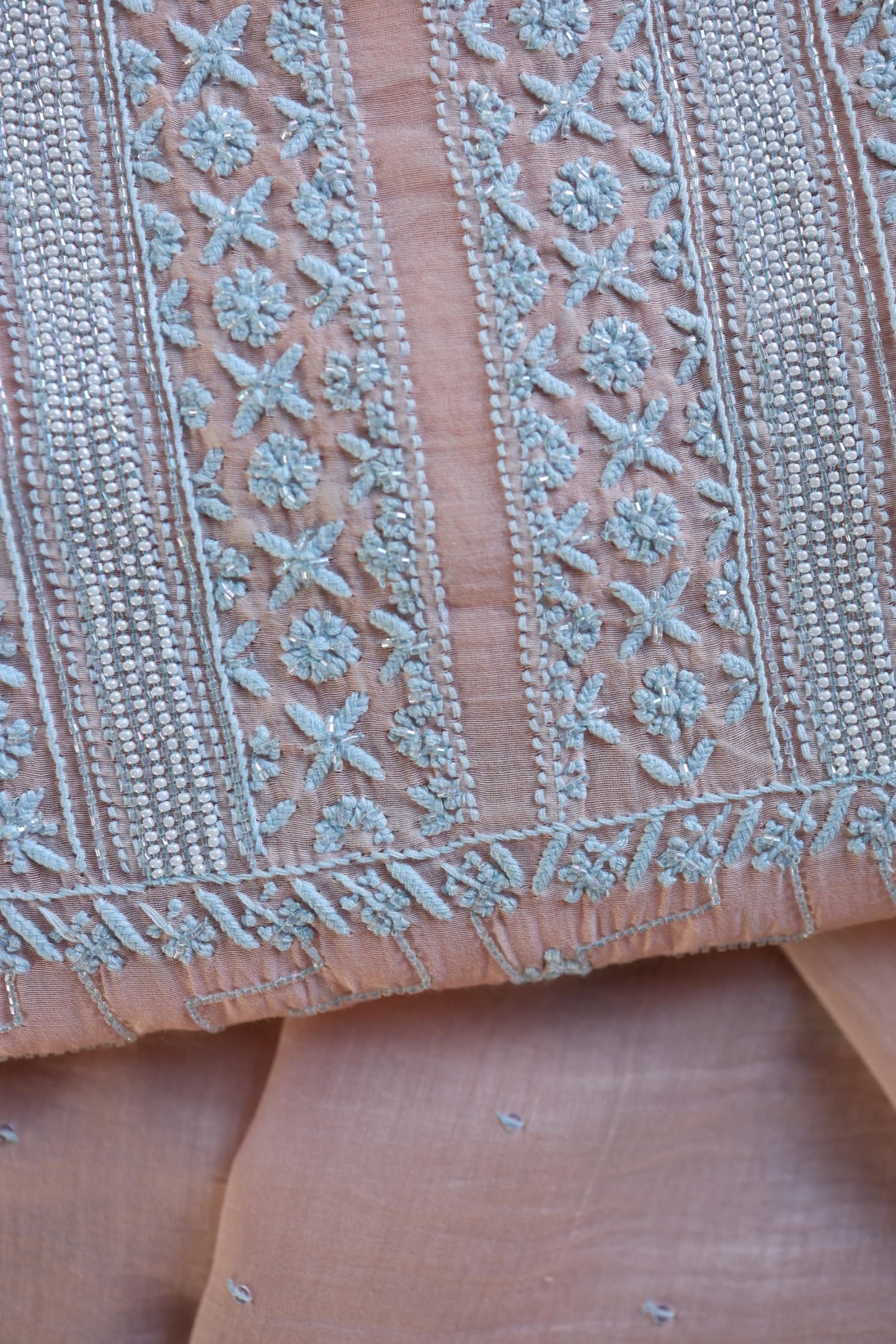Peach Blue Shade Malmal Pearl Work Chikankari Fabric