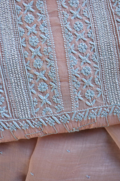 Peach Blue Shade Malmal Pearl Work Chikankari Fabric